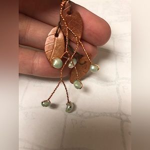 Handmade Bronze Clay, Copper, & Pearl Leaf Earrings